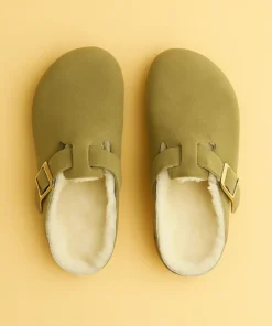 Pantoufle Chaude Femme veloutée kaki – doublure fourrée