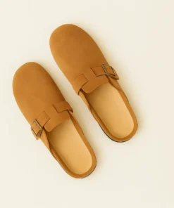 pantoufles en cuir homme cognac