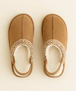 Pantoufle plateforme femme suédé camel, col jacquard